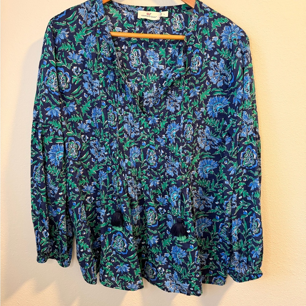 Vineyard Vines Floral Blue and Green Women's Top